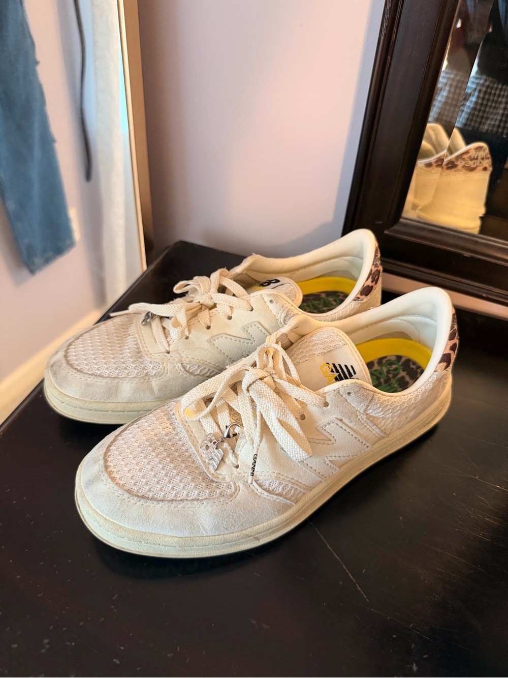 New Balance x Ganni Cream Lace-Up Sneakers with Leopard Heel Accent men’s size 7